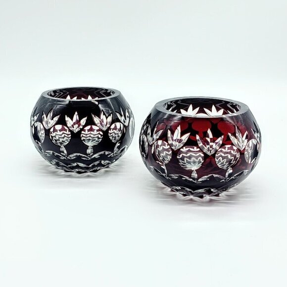 Vintage Godinger Ruby Red Cut to Clear Crystal Candle Holders (2)